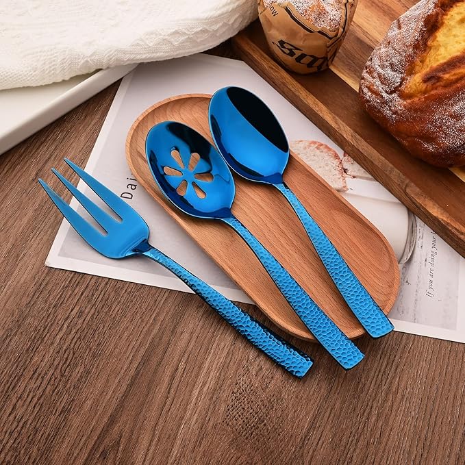 Serving Utensils Set, 5-Piece 18/8 Stainless Steel Hostess Serving Set, Elegant Hammered Serving Utensils for Home Restaurant and Buffet Catering, Heavy and Mirror Polished, Blue