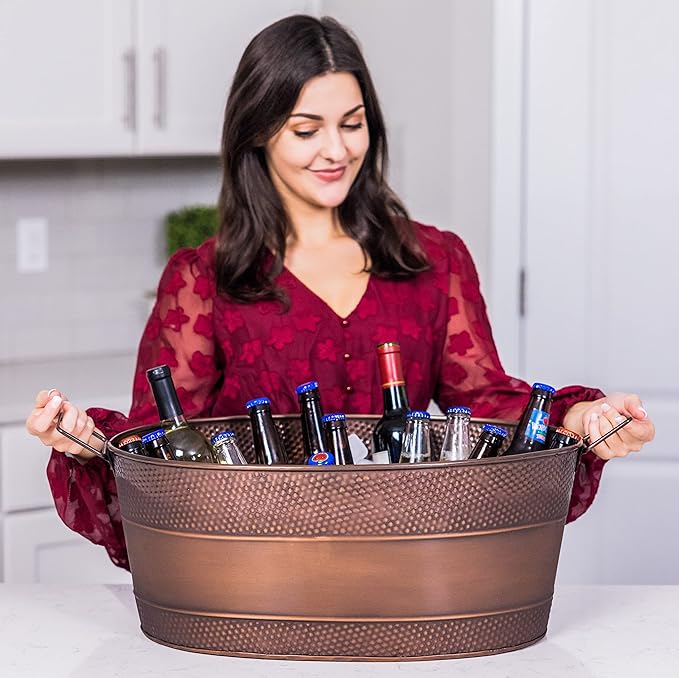 BREKX Aspen Galvanized Tub, Copper Finish Metal Ice and Drink Cooler for Parties, Sealed Leak Resistant Party Cooler, Easy to Clean, Handcrafted, Large Oval 25-Quart (6 Gallon), 30 Bottle Bucket