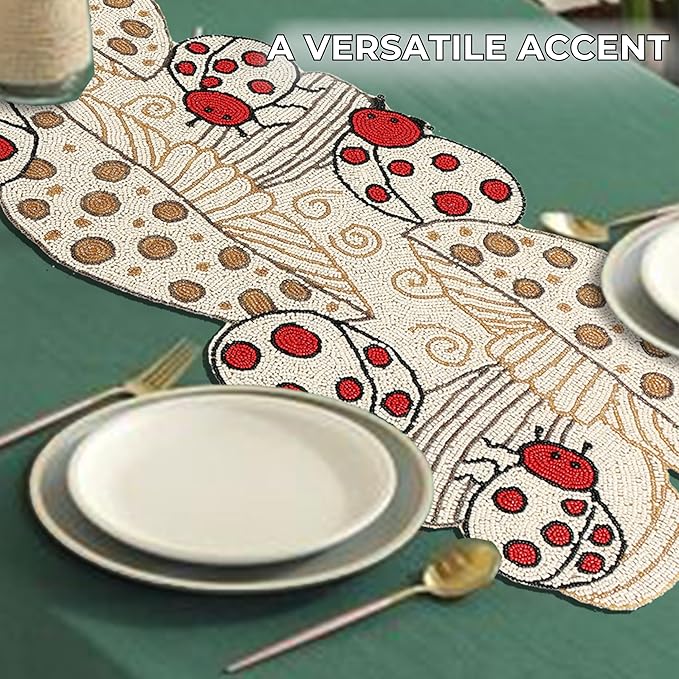 Beaded Table Runner Decorative Glitz Table Runner - 13x36” Handcrafted Runner for Winter Holiday, Kitchen, Dining Table, Spring Décor, Dining Table, Coffee Table or Entryway (Red Ivory) - CLEENTABLE
