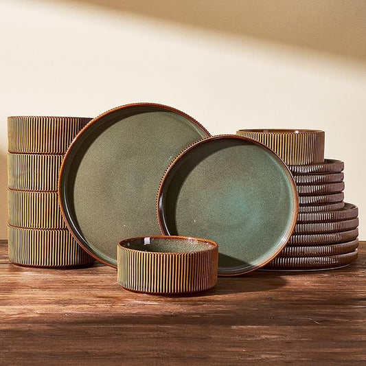 Stoneware Plates and Bowls Dishes Sets Service for 6 (18-Piece), Handcrafted Reactive Glaze Dinnerware Set with Raised Rim, Scratch Resistant, Microwave Dishwasher Safe, Moss Cocoa