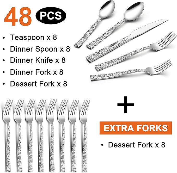 LIANYU Hammered Silverware Set for 8, 48 Piece Flatware Set Plus Extra Forks, Stainless Steel Hammered Square Flatware Cutlery Set for 8, Fancy Eating Utensils Tableware, Dishwasher Safe