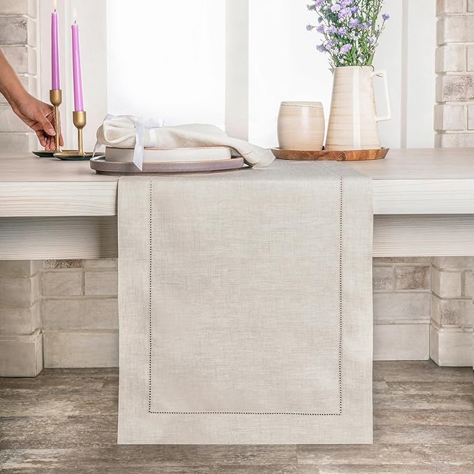 D'Moksha Homes Linen Light Natural Table Runner 48 Inches - Classic Hemstitch, 100% Pure Linen Coffee Table Runner 14 x 48 Inch Ideal for Dresser Tables - Winter, Christmas, Holiday, New Year