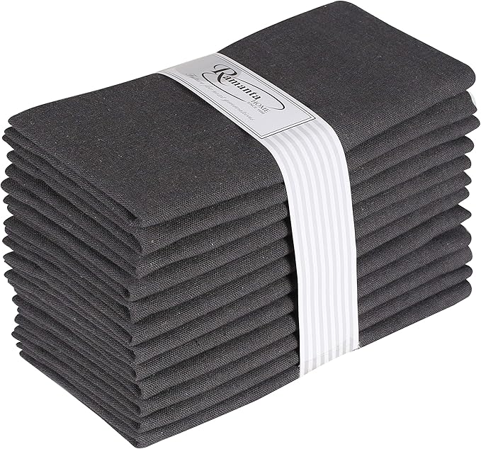 Ramanta Home Charcoal Cotton Dinner Napkins Set of 12, 18x18 Inch 100% Cotton Cloth Napkins, Reusable Fabric Table Napkins for Everyday Dining, Parties, Weddings, Spring & Easter Table Décor Washable