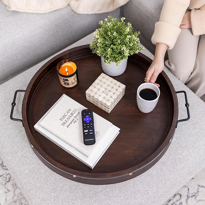 24" Extra Large Round Ottoman Tray, Heavy Duty Mango Wood, for Serving Tea, Breakfast in Bed, Living Room Large Coffee Table Tray Rustic with Farmhouse Style, Decorative Handles and Accent Strap