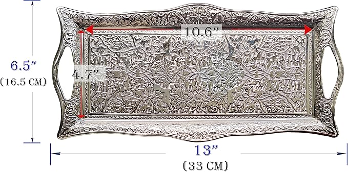 Metal Serving Tray with Raised Edges, Vintage Design Tray, Rectangular Metal Serving Tray, Decorative Serving Platter, Turkish Ottoman Coffee Tea Beverage Serving Square Tray (Silver)