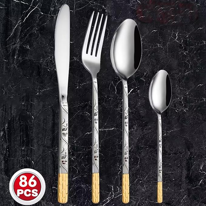 Lorren Home Trends 86 Piece 18/10 Stainless Steel and Gold Flatware Set, Service for 12, Chest included