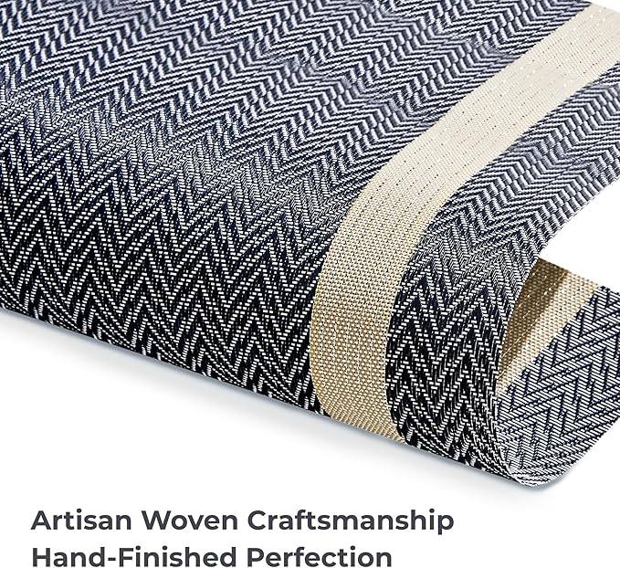 Leetaltree Sparkling Dark Blue Vinyl Woven Placemats Set of 8 - Washable Dining Table Place Mats Striped, Suitable for Wedding, Anniversary, Daily Use