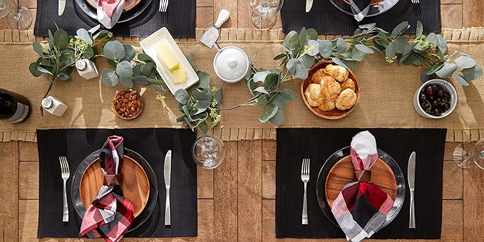 DII Basic Everyday Ribbed Tabletop 100% Cotton, Placemat Set, 13x19, Black, 6 Piece