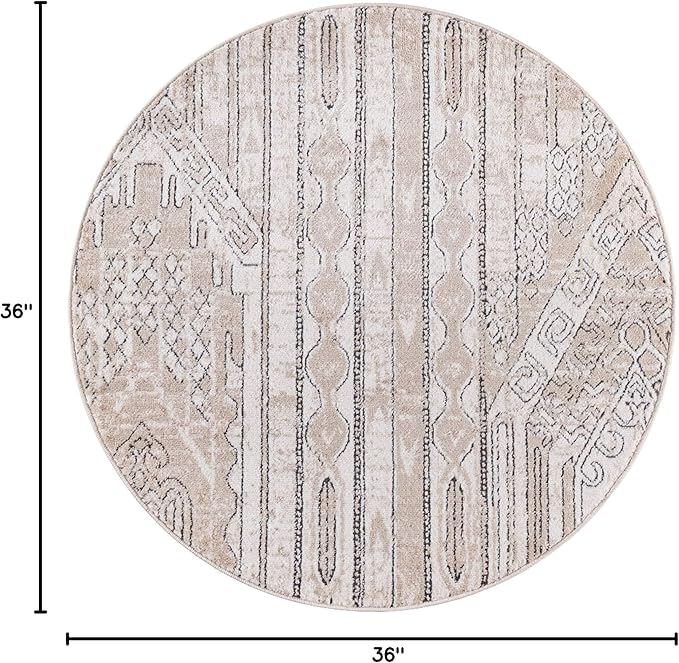 Rugs.com Oregon Collection Rug – 3 Ft Round Ivory Low-Pile Rug Perfect for Kitchens, Dining Rooms