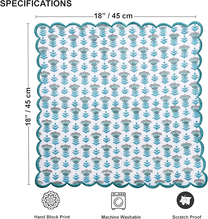 Ridhi Hand Block Print Aquamarine Blue 18" x 18" (Set of 4) Embriodery Table Napkins Reusable Cotton Dinner Napkins for Weddings, Parties, Everyday Dining Gift for Spring, Easter, Valentine