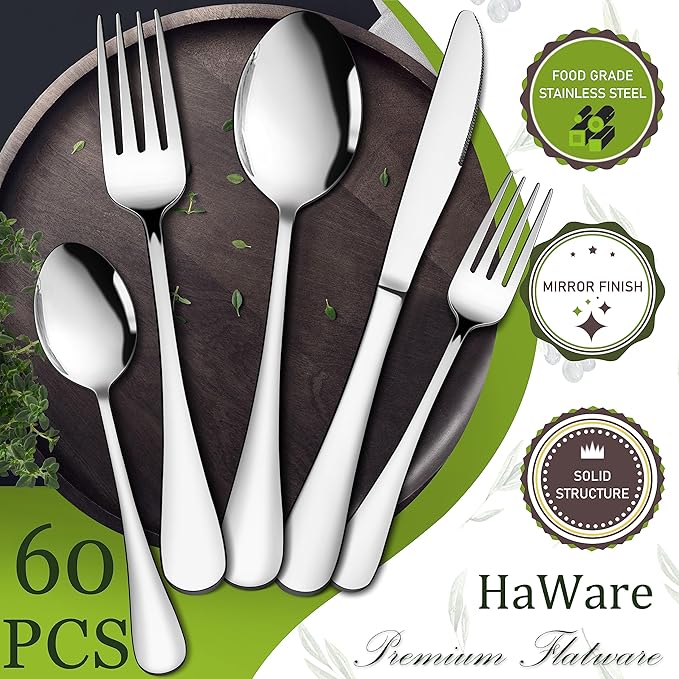 HaWare 60-Piece Silverware Set Service for 12, Stainless Steel Flatware Cutlery, Food-Grade Tableware Eating Utensil Set for Home Kitchen, Include Fork Knife Spoon, Mirror Polished, Dishwasher Safe