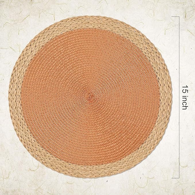 Noctiflorous Round Placemats Set of 6, 15 Inch Braided Hand Woven Table Mats, Heat Resistant Non-Slip Wipeable Wide Edge Place Mats for Kitchen Dining Indoor Outdoor Use(Orange, 6)