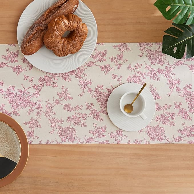 100% Cotton French Pastoral Table Runners, 13x60 Inch Pink Farmhouse Table Runners 60 Inches Long, Vintage Flowers Print Home Decors