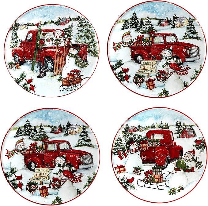 Certified International Red Truck Snowman 6" Canape/Luncheon Plates, Small, Multicolor, Set of 4