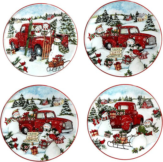 Certified International Red Truck Snowman 6" Canape/Luncheon Plates, Small, Multicolor, Set of 4