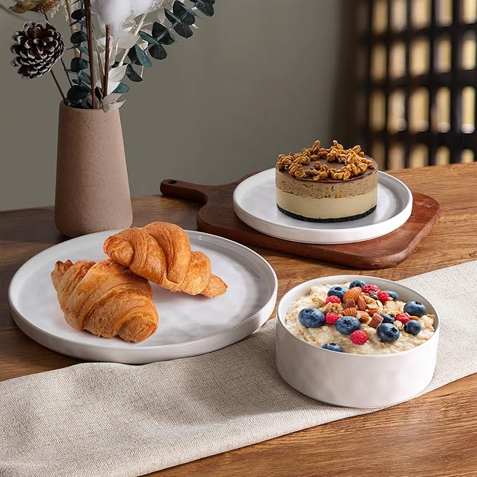 LIANYU Plates and Bowls Dinnerware Sets, 12 Piece Stoneware Dishware Set for 4, Dish Tableware Sets Includes Dinner Salad Plates Cereal Bowls, Chip & Scratch Resistant, Polar White & Sandy Beige