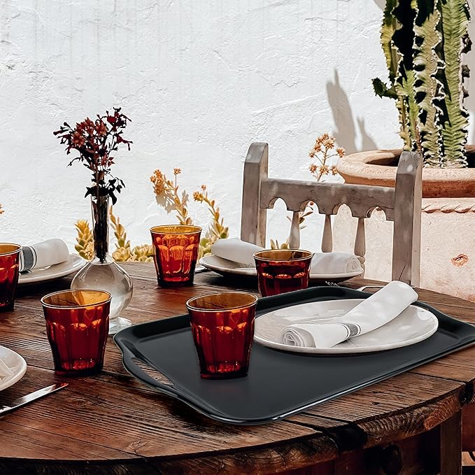 17.5 x 12’’ Large Melamine Serving Tray with Handles, Set of 2 Rectangular Melamine Serving Platters, Dishwasher Safe Trays for Eating, Appetizer, Charcuterie, Snack, Fruits, Desserts, Black