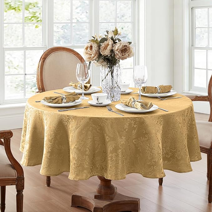 Elrene Home Fashions Caiden Elegance Damask Waterproof, Stain & Wrinkle Resistant Fabric Tablecloth, 90" Round, Gold