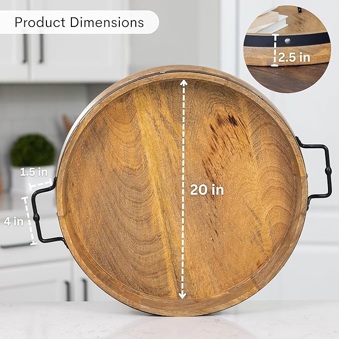 20" Extra Large Round Ottoman Tray, Heavy Duty Mango Wood, for Serving Tea, Breakfast in Bed, Living Room Large Coffee Table Tray Rustic with Farmhouse Style, Decorative Handles and Accent Strap