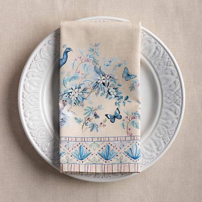 Maison d' Hermine Napkins 100% Combed Cotton Premium Set of 4 Decorative Cloth Napkin Washable Dinner Napkins for Holiday, Dinner, Wedding & Dining - Peacock Utopia - Sandy Beach (20”x20”)