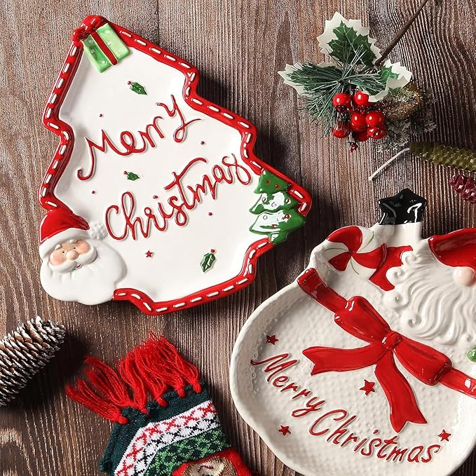 12.5 Inches Big Snacks Appetizer Trays Set, Christmas Tree Dessert Serving Dishes, Snack Platter, Food Cereal Salad Bowl, Santa Claus High Relief Bowl Ceramic Plate