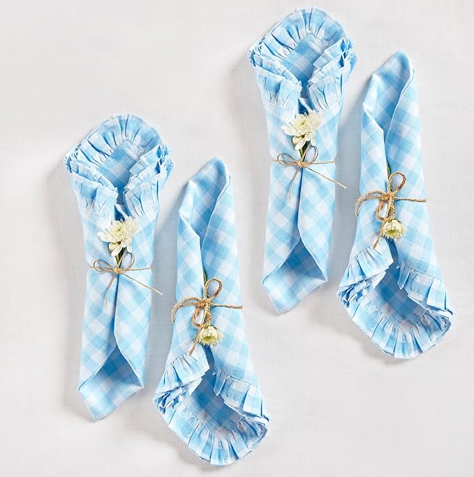 Solino Home Linen Gingham Check Dinner Napkins 20 x 20 Inch - 100% Pure Linen Blue Bell Plaid Cloth Napkins Set of 4 - Gingham Ruffle, Handcrafted and Machine Washable