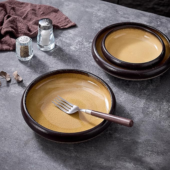 Ceramic Pasta Bowls Set of 4, 8 Inch Porcelain Salad Bowl Serving Plates, Stoneware Dinner Plates Set for 4, Handmade Round Dishes for Home Decor, Microwave,Oven,and Dishwasher Safe, Yellow