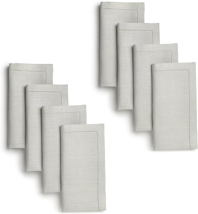 D'Moksha Homes Silver Grey Linen Napkins Set of 8 - Classic Hemstitch 100% Pure Linen Dinner Napkins Cloth 20 x 20 Inch for Winter, Christmas, Holiday, New Year - Handcrafted and Machine Washable