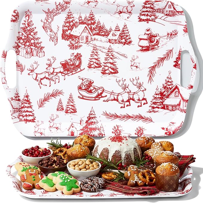 ONEderful 2-Piece Christmas Serving Tray 18x13 Inch Winter Wonderland Platters with Handles, Large Holiday Serving Platters for Xmas Winter Wonderland Frozen-theme Party Supplies (2,18" Extra Large)