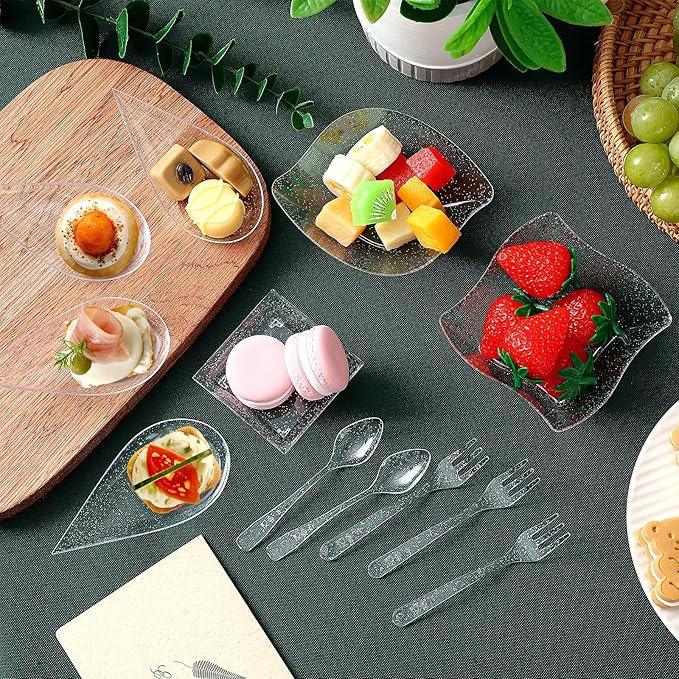 Tessco 200 Pcs Mini Appetizer Plates with Spoons Forks Disposable Mini Dessert Plates Plastic Appetizer Bowls Tiny Individual Serving Trays for Party(Silver Glitter,Classic)