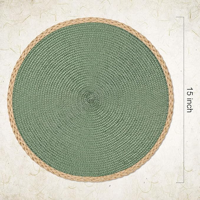 Noctiflorous Round Placemats Set of 6, 15 Inch Braided Hand Woven Table Mats, Heat Resistant Non-Slip Wipeable Thin Edge Place Mats for Kitchen Dining Indoor Outdoor Use(Green, 6)
