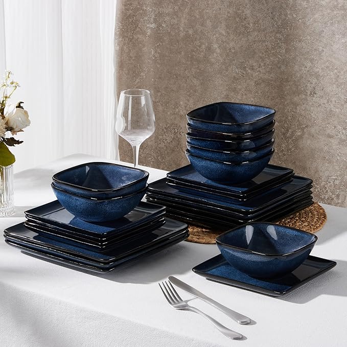 E-far Square plates and bowls Sets for 6, 18-Piece Reactive Glaze Stoneware Dinnerware Sets, Porcelain Dishware Sets for Kitchen Home, Microwave & Dishwasher Safe, Deep Sea Blue