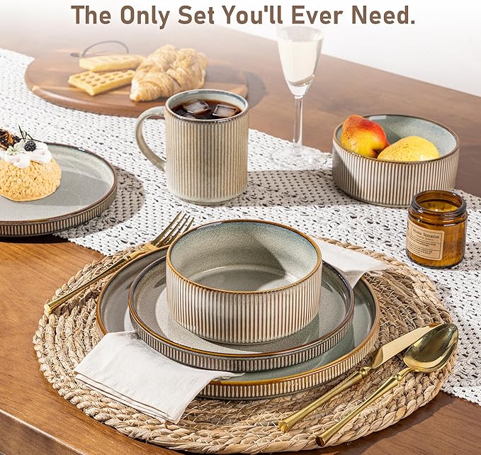 GBHOME 12-Piece Stoneware Dinnerware Set for 4 – Ribbed Ceramic Plates and Bowls, Scratch-Resistant, Microwave & Dishwasher Safe, Reactive Glaze, Mist Green