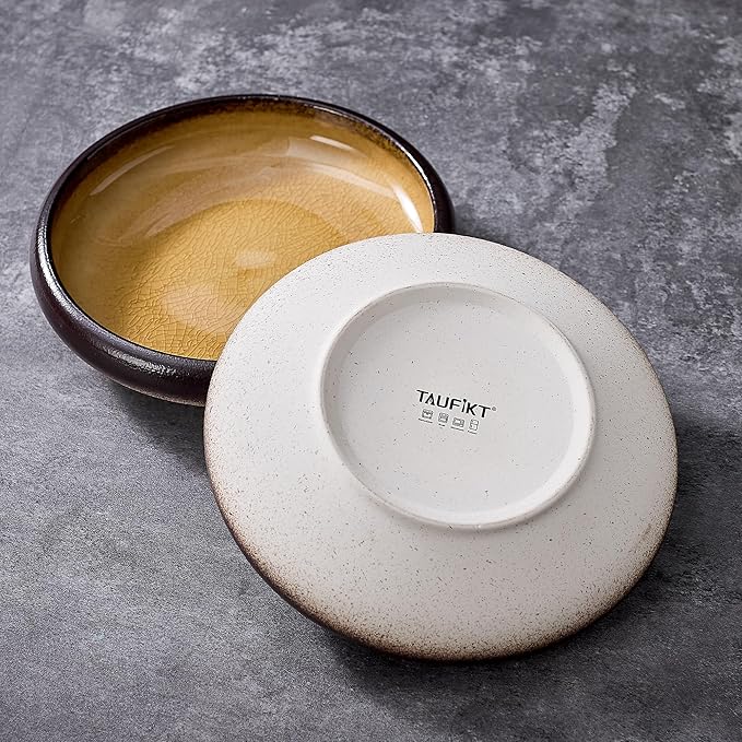 Ceramic Pasta Bowls Set of 4, 8 Inch Porcelain Salad Bowl Serving Plates, Stoneware Dinner Plates Set for 4, Handmade Round Dishes for Home Decor, Microwave,Oven,and Dishwasher Safe, Yellow