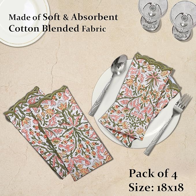 Ridhi Hand Block Print Sassy Salmon Pink 18" x 18" (Set of 4) Embriodery Table Napkins Reusable Cotton Dinner Napkins for Weddings, Parties, Everyday Dining Gift for Spring, Easter, Valentine