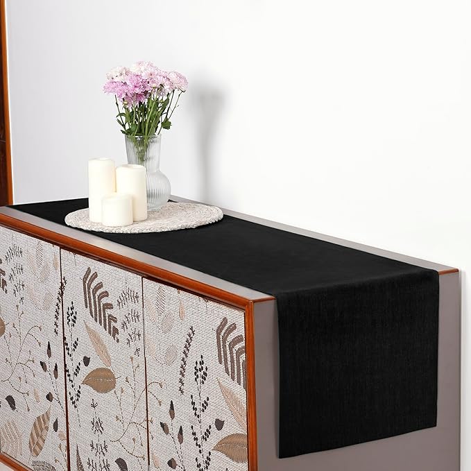 D'Moksha Homes Linen Black Table Runner 60 Inches - 100% Pure Linen Short Table Runner 14 x 60 Inch for Coffee Tables, Dresser, Winter, Christmas, Holiday, New Year - Machine Washable