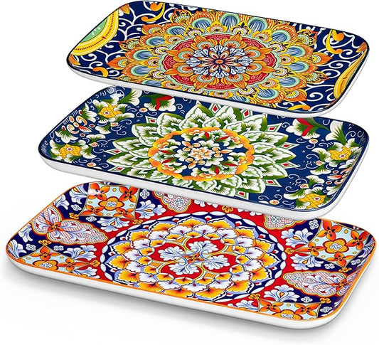 vancasso Serving Platters Set of 3, 16"/14"/12" Inch Rectangular Trays - Serving Platter Extra Large, Ceramic Bohemian Serving Dish for Entertaining Food, Microwave & Dishwasher Safe, Colorful