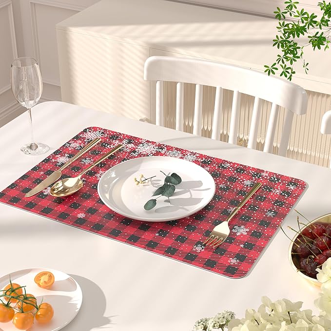 QIYI Christmas Placemats Set of 6, 12x18 Inch PU Leather Place Mats for Kitchen Dinning, Heat Resistant Anti Slip Winter Table Mats, Waterproof Wipeable Placemat Party Décor, Buffalo Plaid Snowflakes