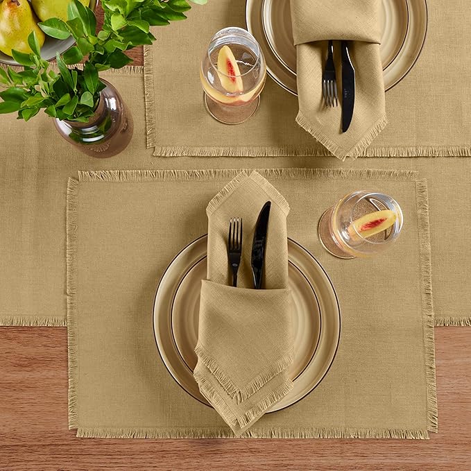 Solino Home Fringe Linen Placemats Set of 4 - 14 x 19 Inch Placemats Kelp - 100% Pure Linen Table Mats for Christmas, Holiday, New Year - Handcrafted and Machine Washable
