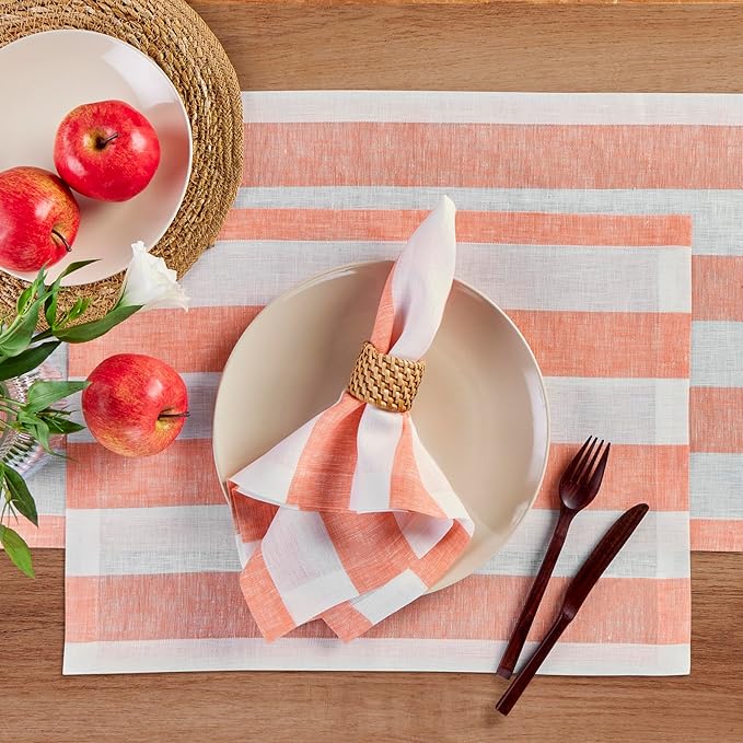 Solino Home Linen Cloth Placemats Set of 4 - Cabana Stripe 100% Pure Linen Salmon and White Farmhouse Placemats 14 x 19 Inch