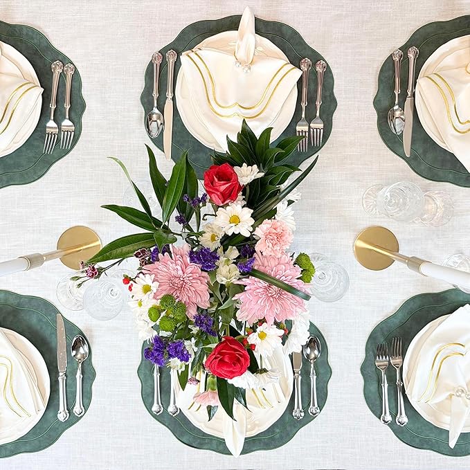 Embroidered Scalloped Faux Leather Placemats Set of 4 - Wipeable Luxury Dinner Table Mats for Dining & Kitchen Decor, Christmas, 17.25" x 15", Green