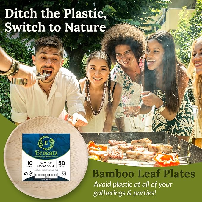Round Palm Leaf Plates 10 Inch, 50 Pack Disposable Party Plates, Heavy-Duty Compostable & Biodegradable, Microwave Safe Eco-Friendly Bamboo-Style Plates for Parties, Weddings & BBQs