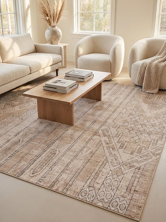 Rugs.com Oregon Collection Rug – 6 Ft Square Ivory Low-Pile Rug Perfect for Living Rooms, Kitchens, Entryways