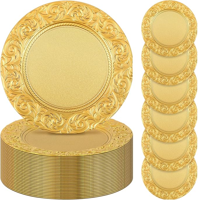 Uiifan 50 Pcs Antique Charger Plates Bulk 13 Inch Embossed Rim Plastic Decorative Round Plates for Dinner Wedding Party Event Table Setting Decoration (Gold,50 Pcs)