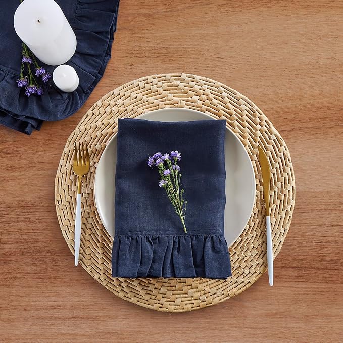 Solino Home Linen Ruffle Napkins Set of 4-100% Pure Linen Navy Blue Dinner Napkins Cloth 20 x 20 Inch for Winter - Gabrielle Ruffle, Handcrafted and Machine Washable