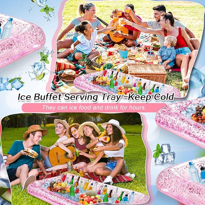 Leitee 3 Pcs Inflatable Serving Bar 52 x 24 x 5'' Ice Buffet Serving Tray Drink Cooler with Drain Plug Inflatable Pool Bar for Party Food Drink Holders with a Hand Pump(Glitter Pink)