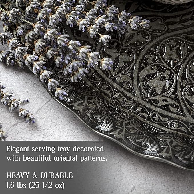 Coffee Tea Beverage Serving Tray, Vintage and Fancy Round Design (Antique Silver)