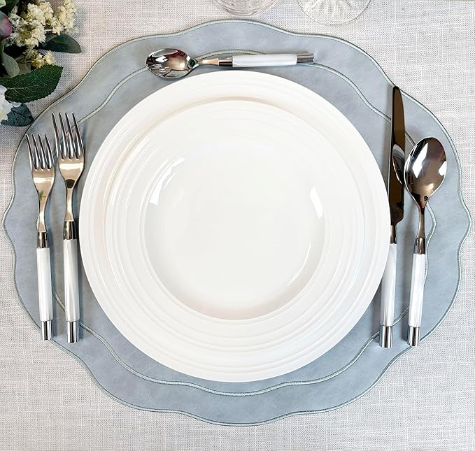 Embroidered Scalloped Faux Leather Placemats Set of 4 - Earth Tone, Soft, Wipeable Luxury Dinner Table Mats for Dining & Wedding, 17.25" x 15", Light Blue Gray