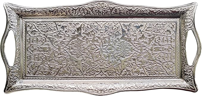 Metal Serving Tray with Raised Edges, Vintage Design Tray, Rectangular Metal Serving Tray, Decorative Serving Platter, Turkish Ottoman Coffee Tea Beverage Serving Square Tray (Silver)