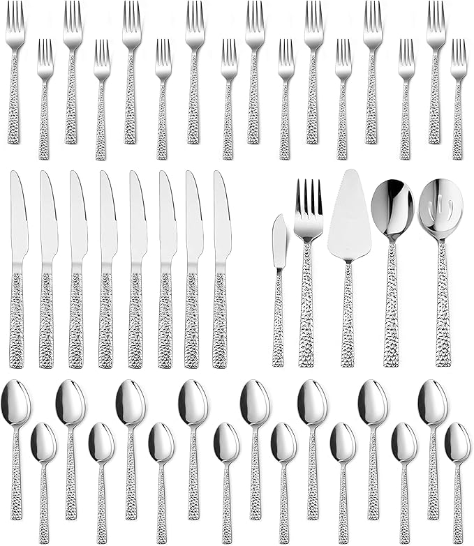 45-Piece Silverware Set with Serving Pieces, E-far Stainless Steel Hammered Flatware Eating Utensils Service for 8, Modern Tableware Cutlery Set with Square Edge, Mirror Polished, Dishwasher Safe